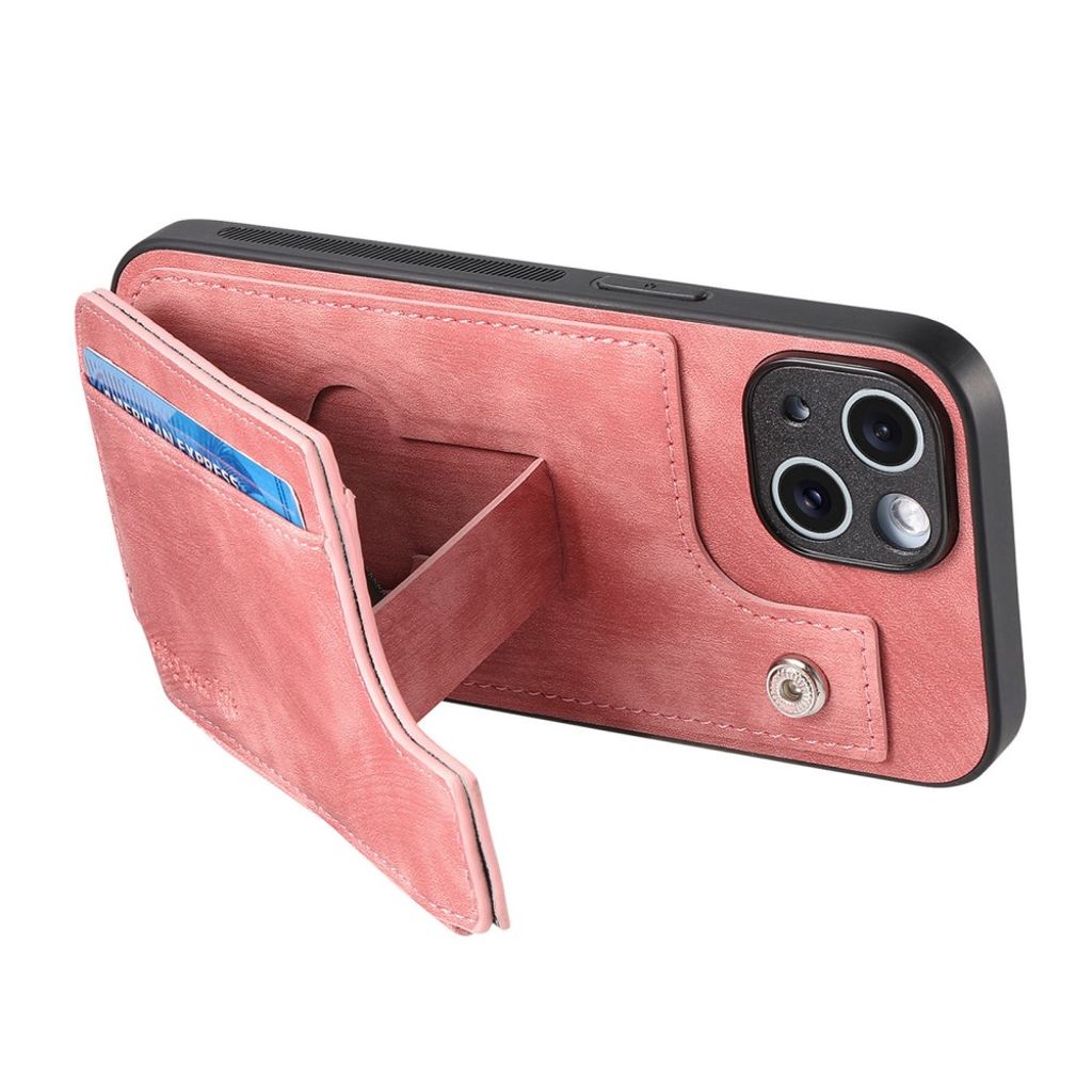 iPhone 14 Pungcover med Kortholder og Stativ - Lyserød