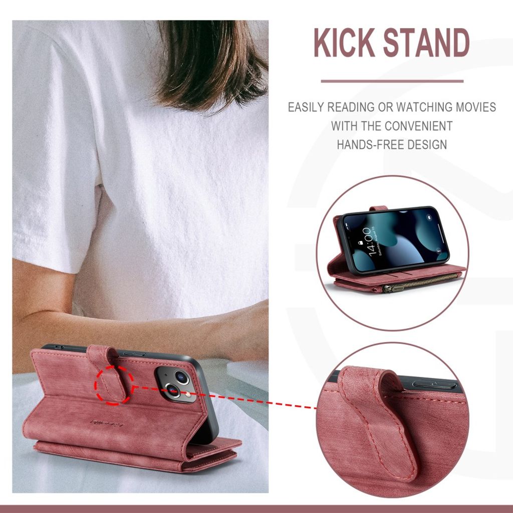 CASEME iPhone 13 Wallet Cover Card Holder Strap PU Leather - Red