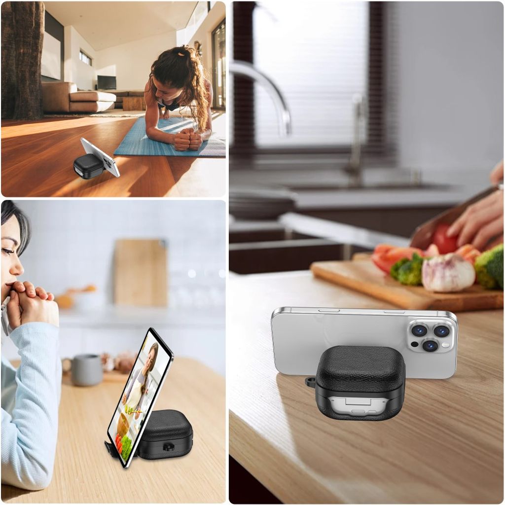 Samsung Galaxy Buds4/Buds4 Pro -kuulokkeiden suojakuori mobiilitelineellä ja karbiinihaalla - musta