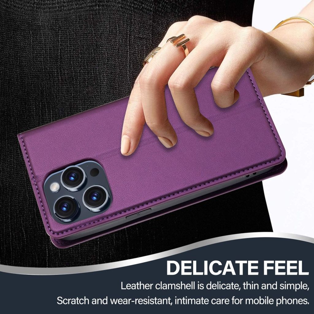 LC.IMEEKE iPhone 14 Pro Wallet Cover Stand PU Leather – Purple