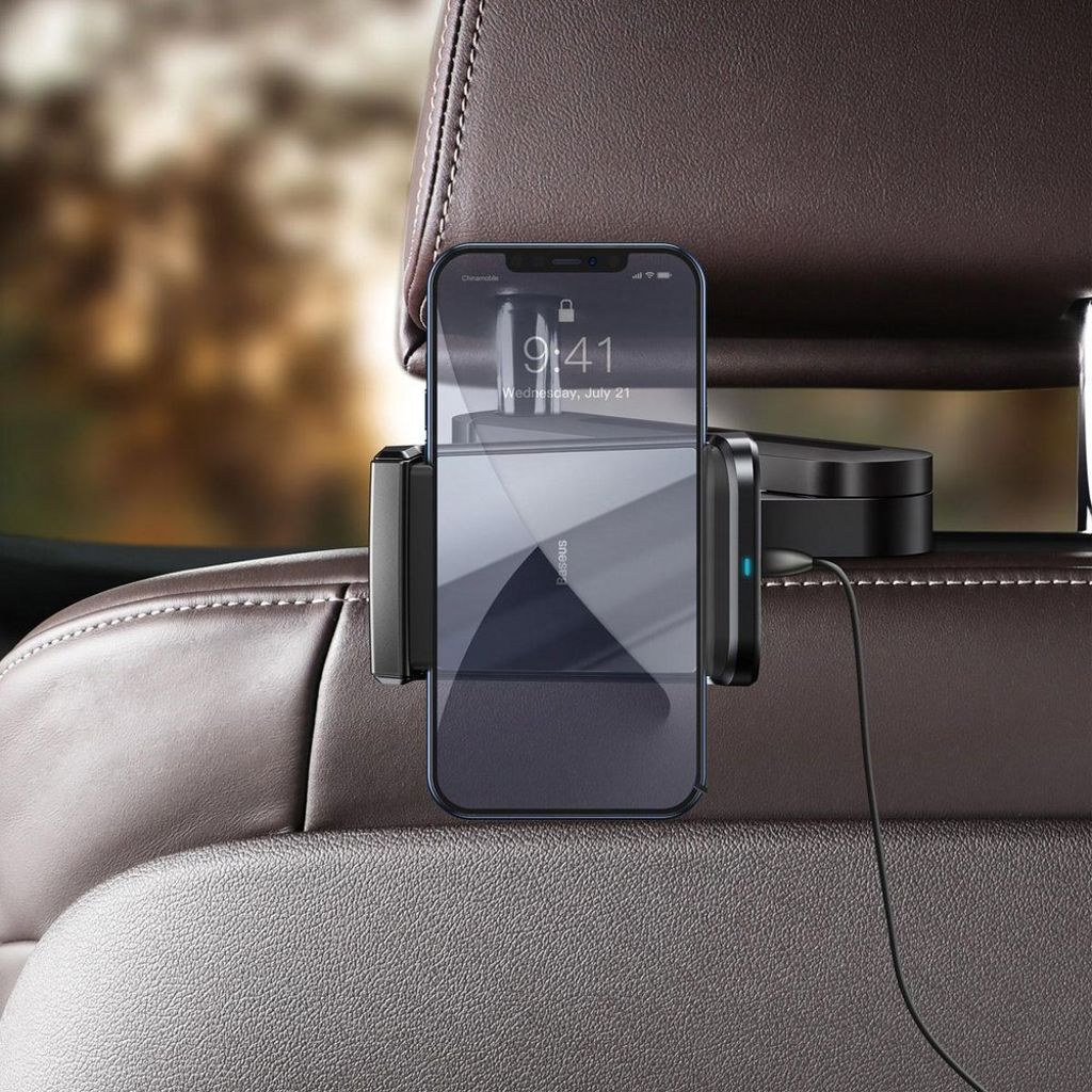 Baseus nakkestøtte mobilholder med 15W Qi oplader – sort (WXHZ-01)