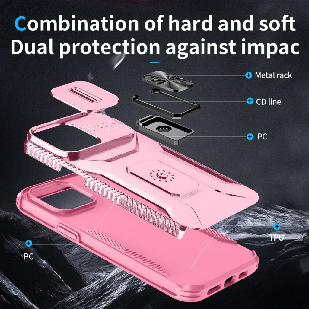 iPhone 14 Pro Max Skal med Skjutbart Kameraskydd & Stativ – Rosa