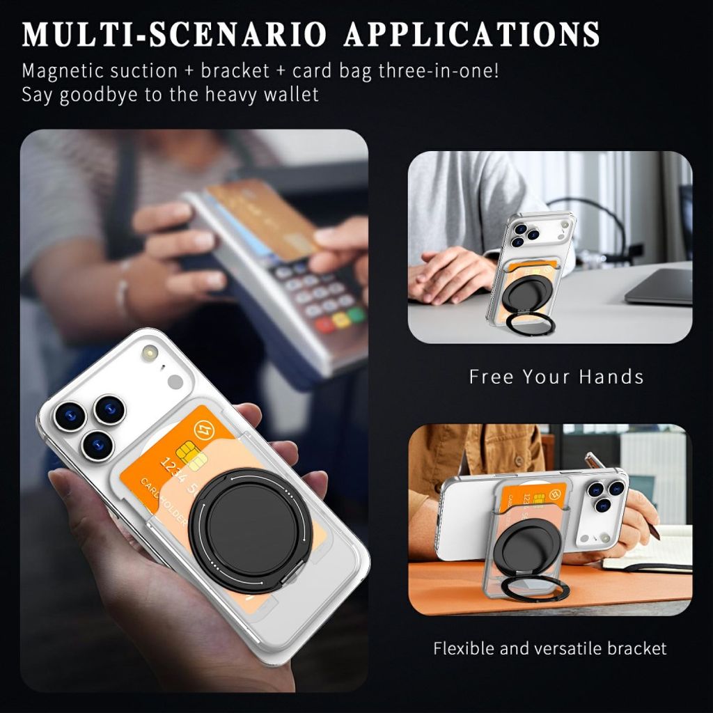 Magnetisk kortholder for mobiltelefon med ringstativ - gjennomsiktig