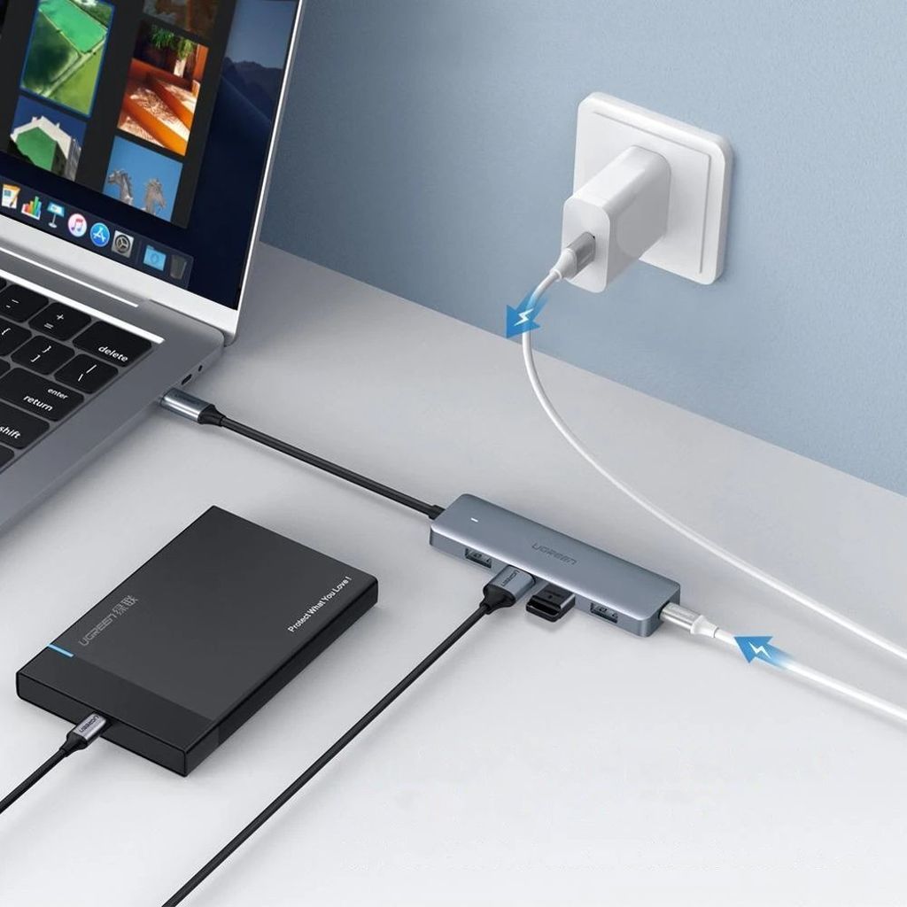 Ugreen USB Type C HUB - 4x USB 3.2 + USB-C power, harmaa