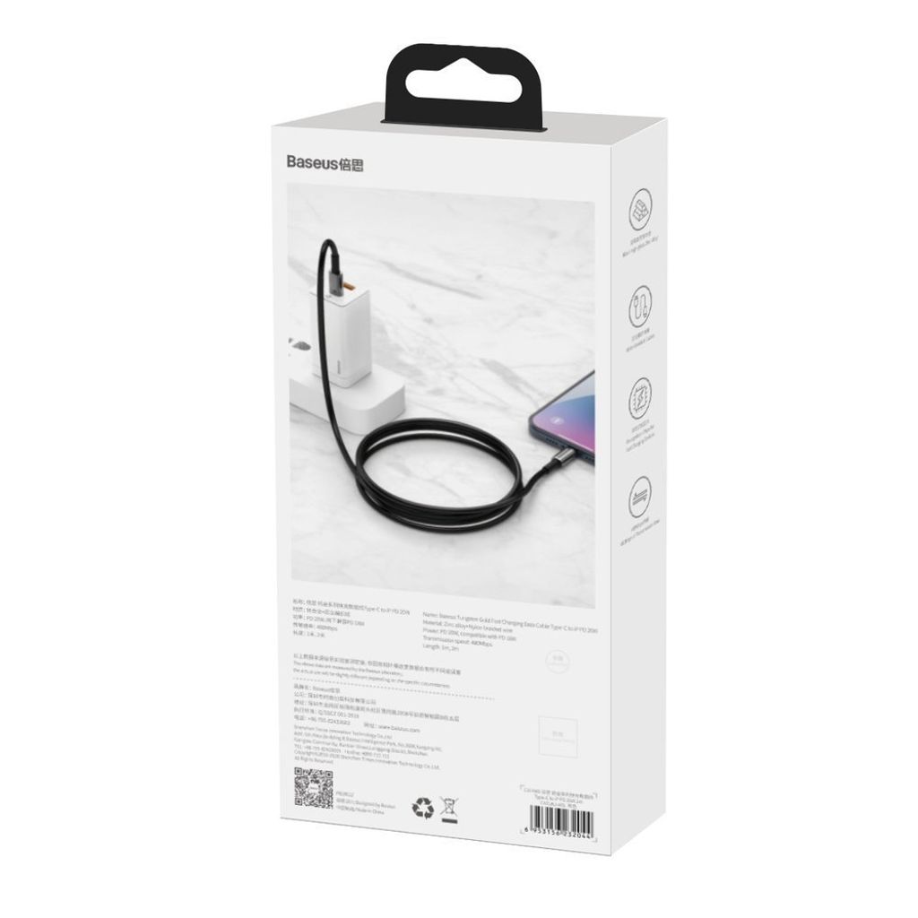 Baseus CATLWJ-A01 Lightning til USB-C PD 20W 480Mb/s 2m kabel – sort