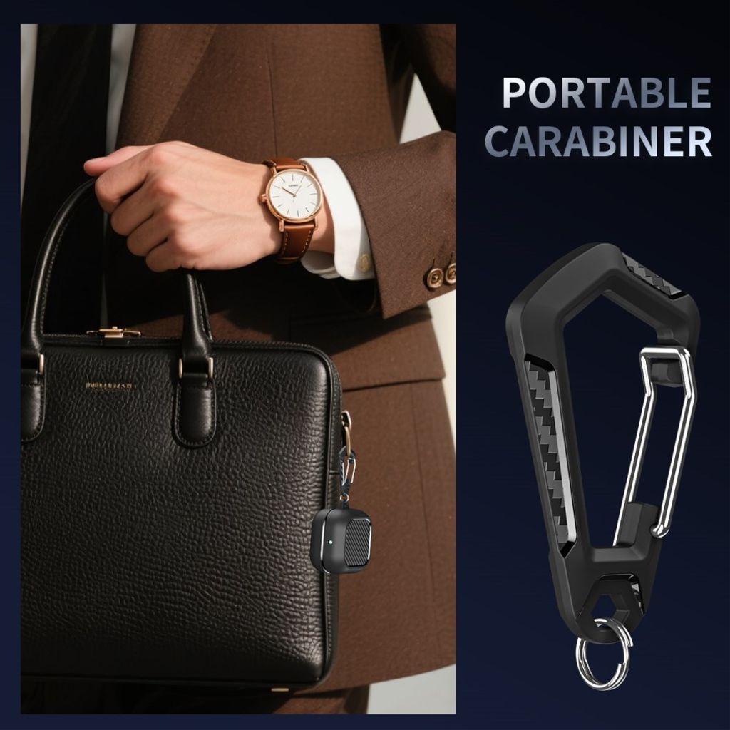 Samsung Galaxy Buds4/Buds4 Pro -kuulokkeiden suojakuori hiilikuitukuviolla ja karabiinihaalla - läpinäkyvä