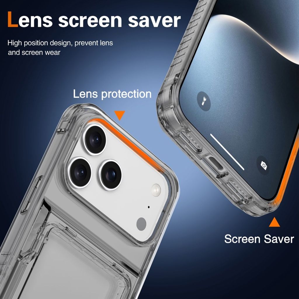 iPhone 17 Pro Skal med kortfack och stativ – Transparent Svart