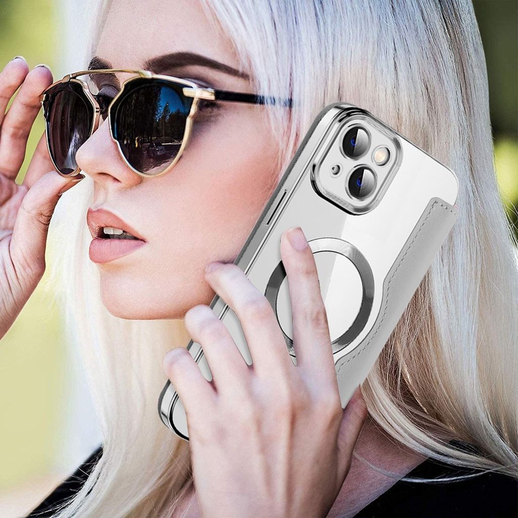 iPhone 14 Plus Plånboksfodral MagSafe RFID-blockerande – Silver