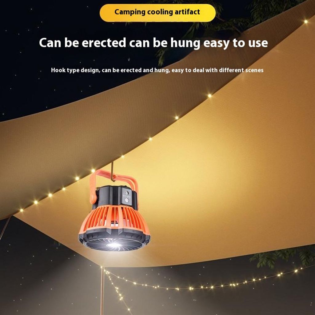 3-i-1 campingfläkt med LED-belysning och powerbank – Orange