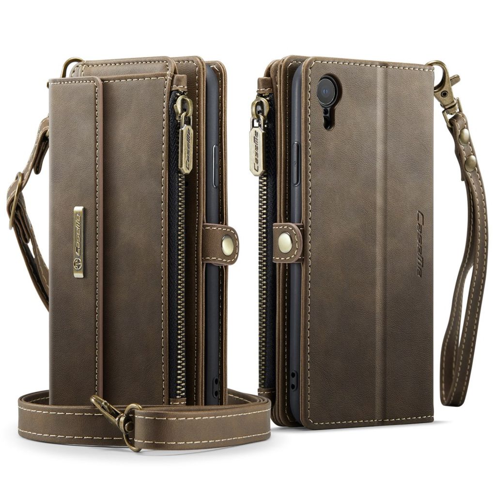 CASEME iPhone XR Plånboksfodral RFID-blokering Stativ med Bärrem – Brun