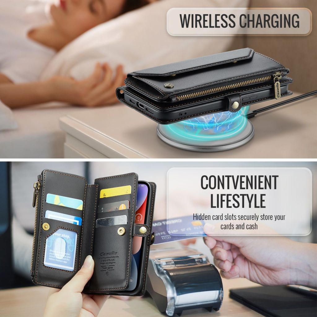 CASEME iPhone 14 Lommeboketui Kortholder Stativ RFID Svart