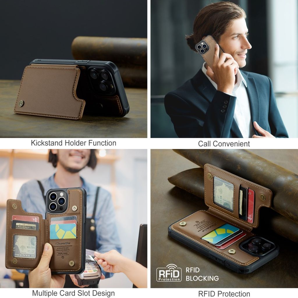 CASEME C22 Plånboksskal RFID-blockerande för iPhone 16 Pro Max – Brun