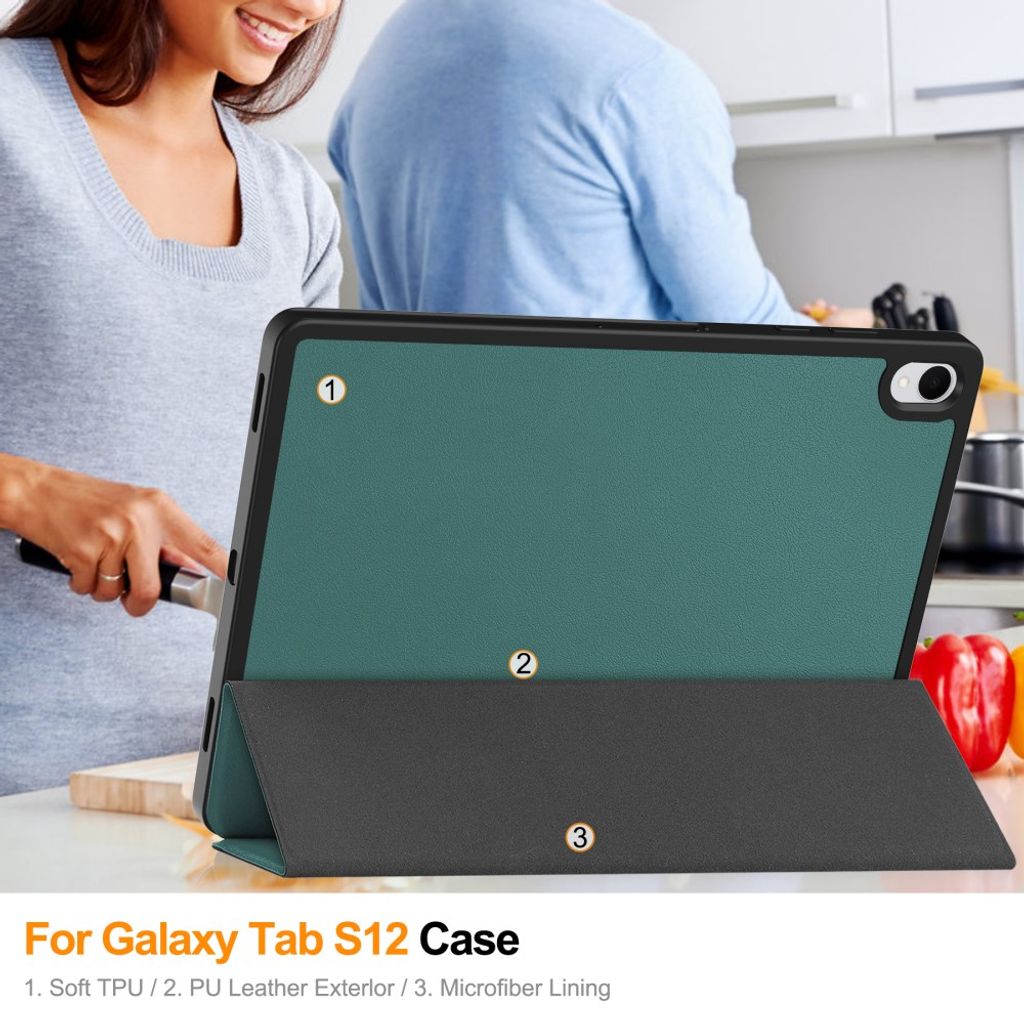 Samsung Galaxy Tab S12 Plus Fodral med stativ och pennfack - Grön