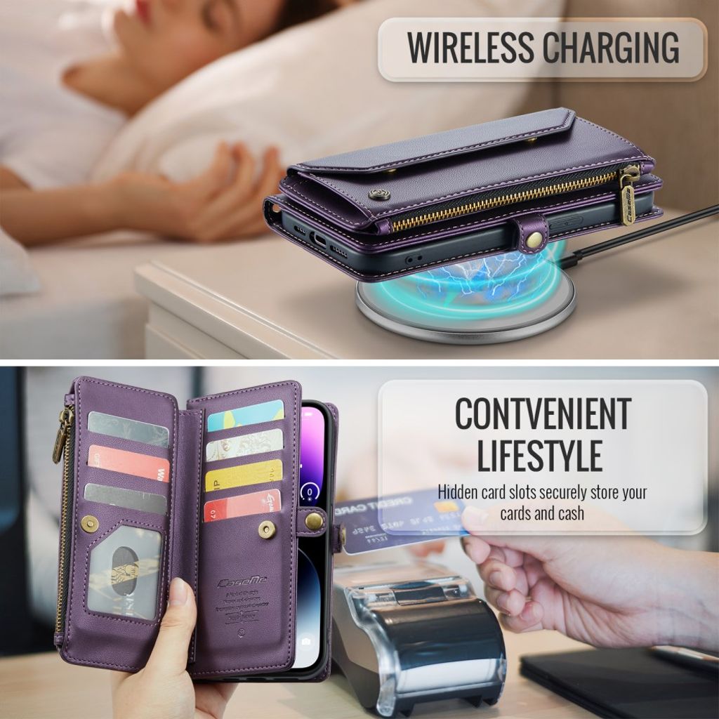 CASEME iPhone 14 Pro Max Plånboksskal C36 RFID-blockerande och Stativ – Lila