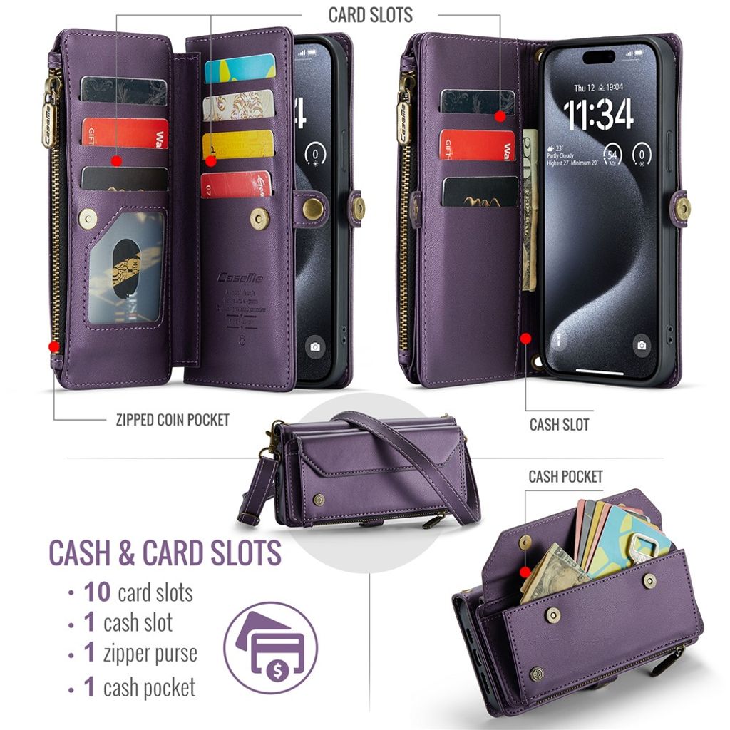 CASEME iPhone 15 Pro Max Cover with 10 Card Slots - Purple