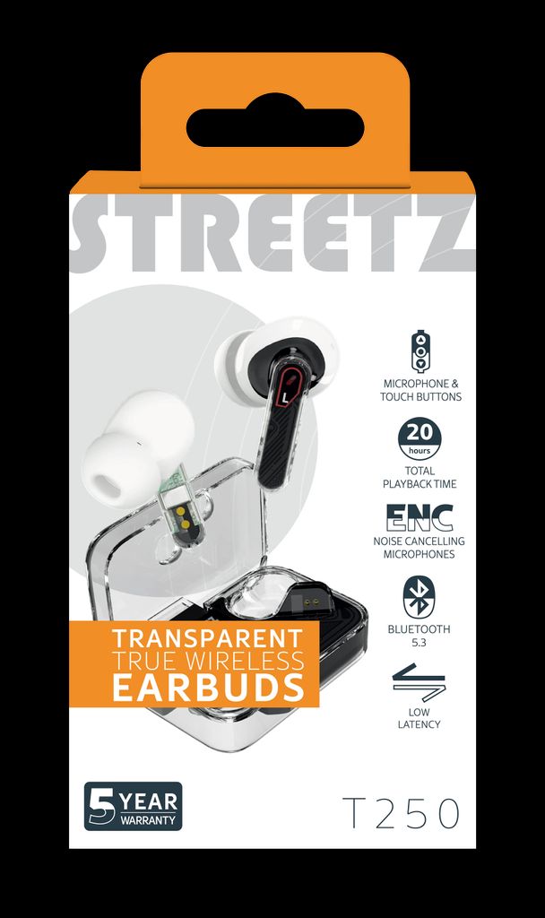 Streetz True Wireless-hörlurar med dubbla mikrofoner ENC - Transparent