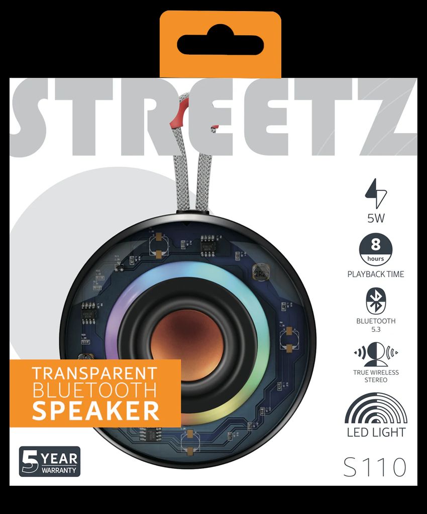 Streetz transparent Bluetooth-højttaler med LED og TWS, 5 W
