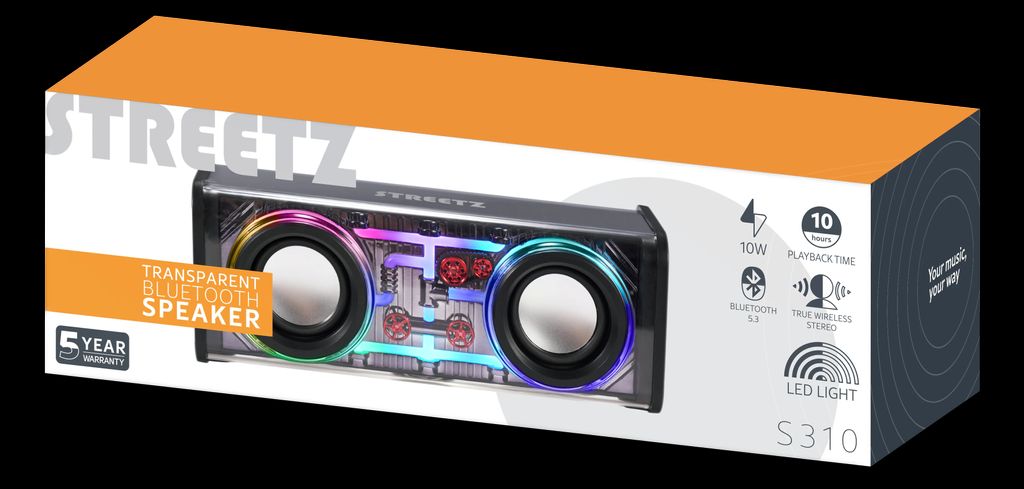 STREETZ Bluetooth-højttaler med TWS og LED-lyseffekter, 10 W