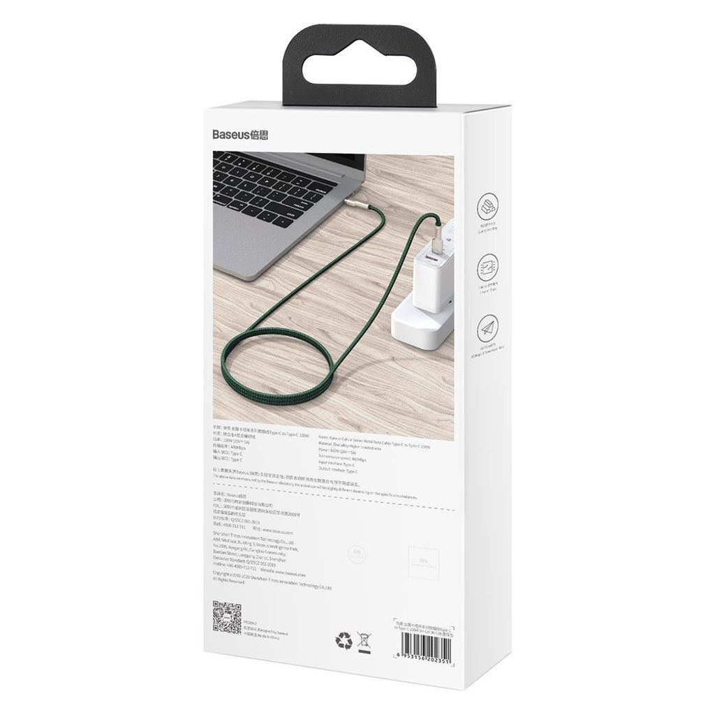 Baseus Cafule Series Metal USB-C til USB-C kabel 100W 2 meter – Grøn