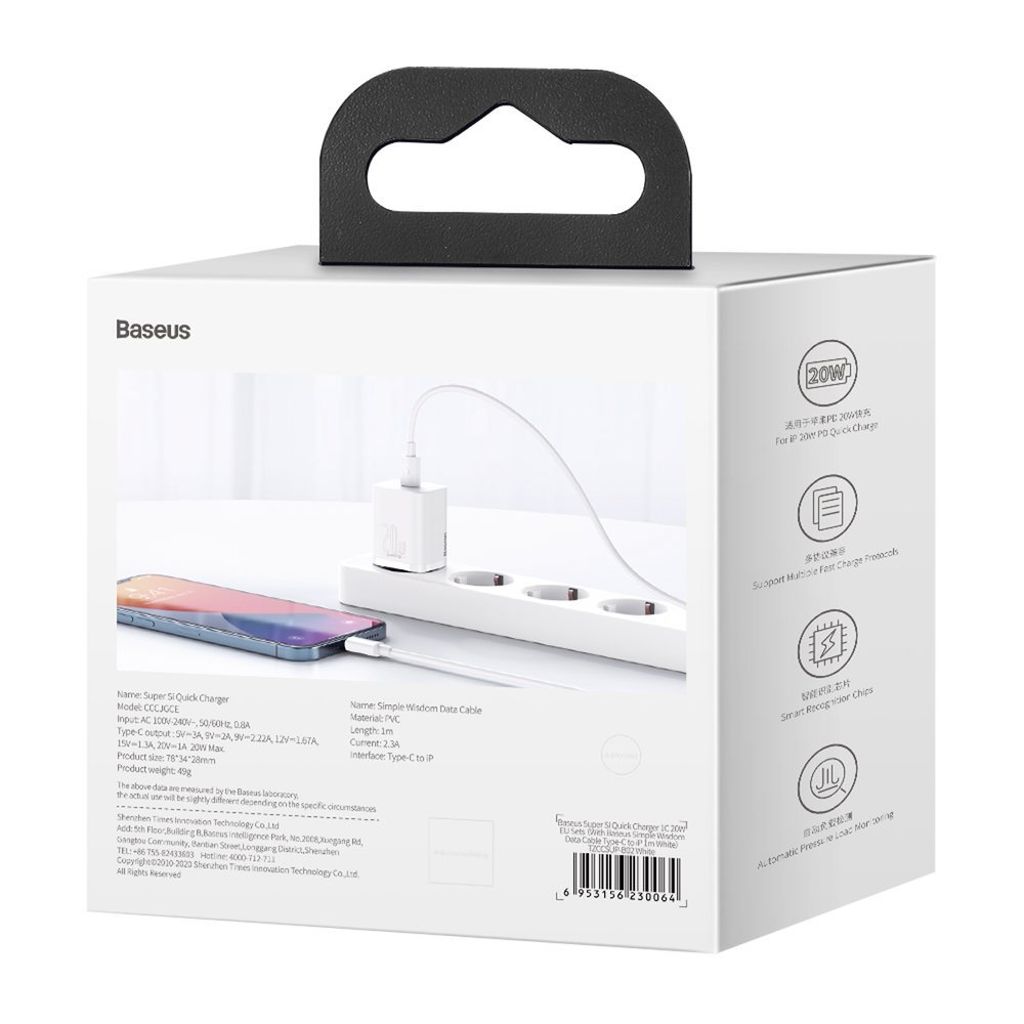 Baseus Super Si 1C pikalaturi USB C 20W + USB C - Lightning kaapeli 1 m valkoinen