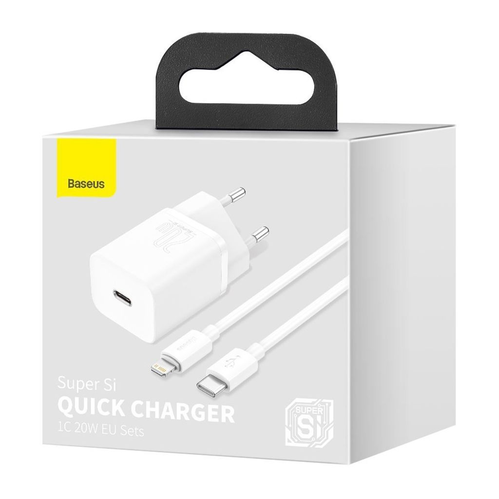 Baseus Super Si 1C pikalaturi USB C 20W + USB C - Lightning kaapeli 1 m valkoinen