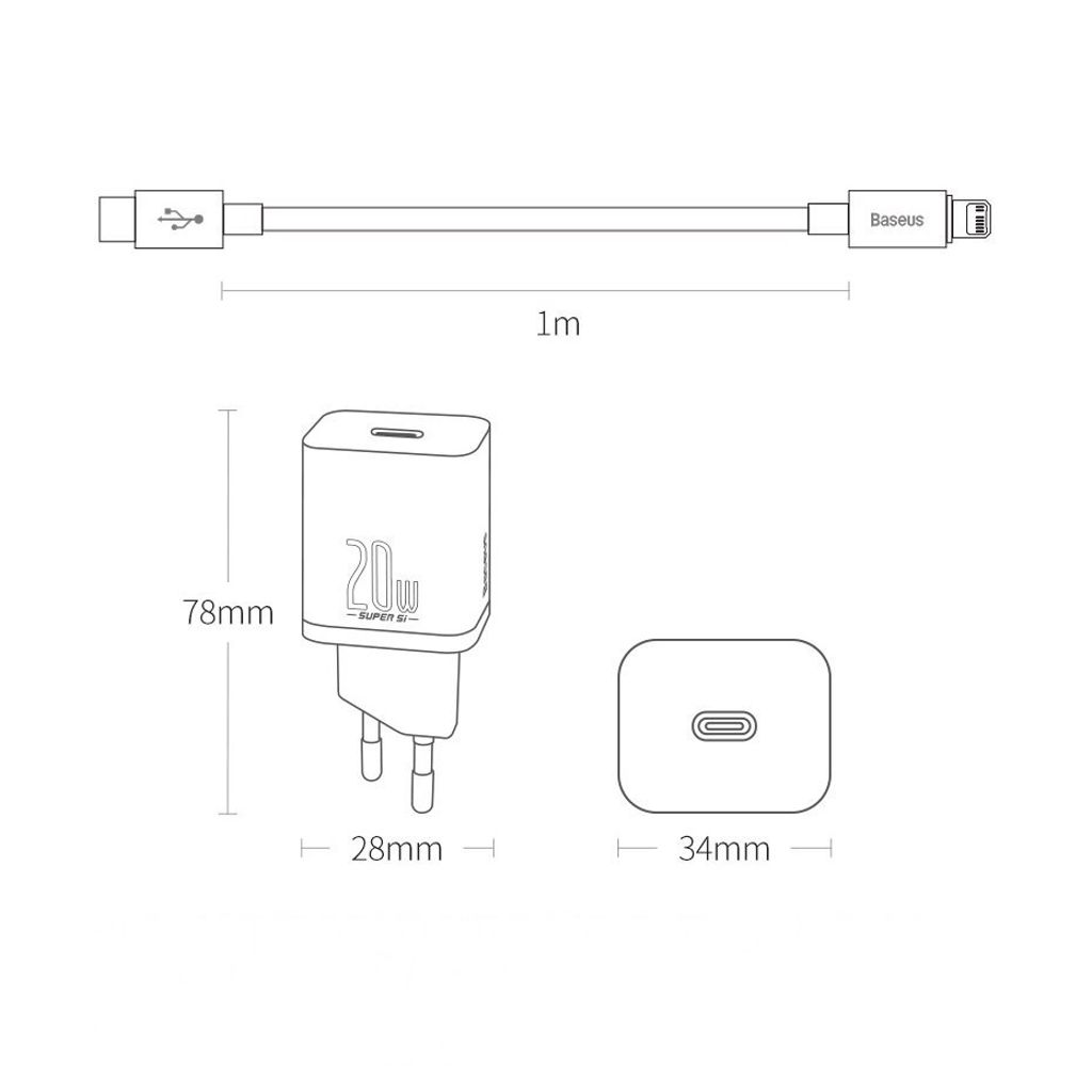 Baseus Super Si 1C pikalaturi USB C 20W + USB C - Lightning kaapeli 1 m valkoinen