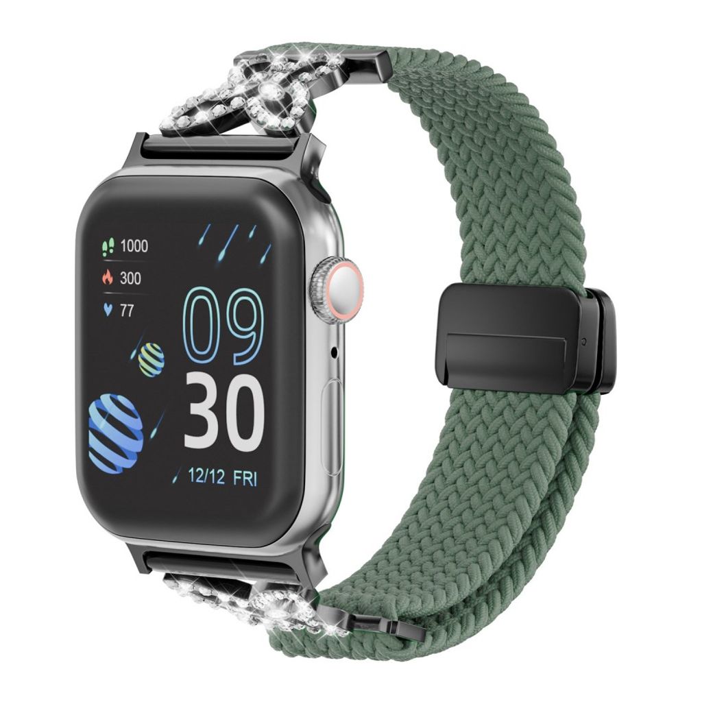 Apple Watch 49/46/44/42mm Flätat Klockarmband i Nylon med Strass - Olivgrön