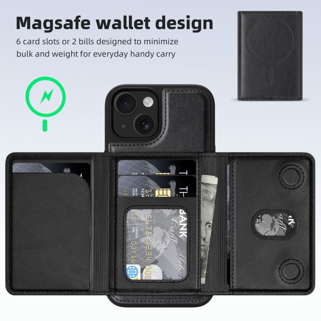 iPhone 15 Magnetic Wallet Case with Detachable Card Holder - Black