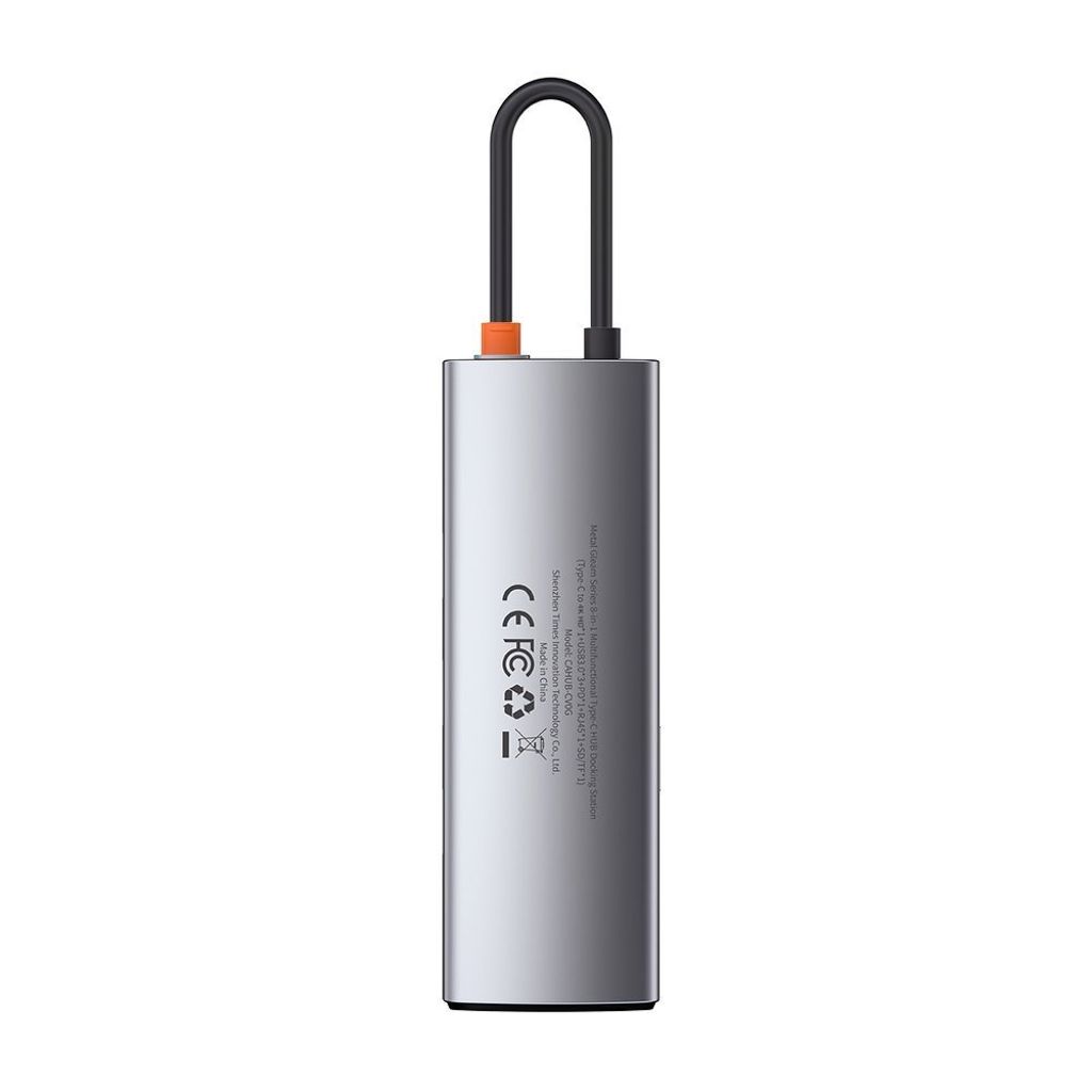 Baseus Metal Gleam 8-i-1 USB-C HUB – 100W PD, HDMI 4K, SD/minnekortleser, Ethernet, grå