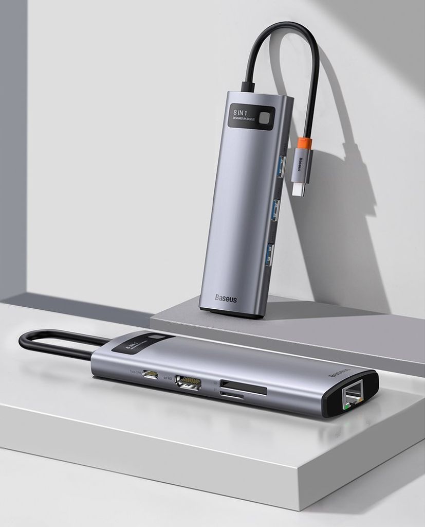 Baseus Metal Gleam 8-i-1 USB-C HUB – 100W PD, HDMI 4K, SD/minnekortleser, Ethernet, grå