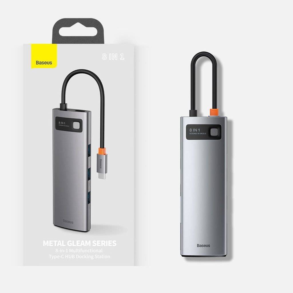 Baseus Metal Gleam 8-i-1 USB-C HUB – 100W PD, HDMI 4K, SD/minnekortleser, Ethernet, grå