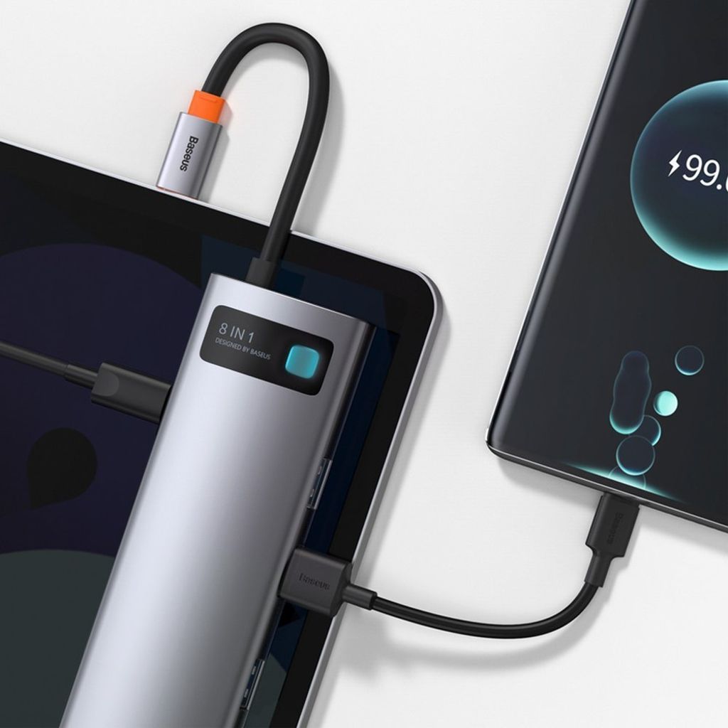 Baseus Metal Gleam 8-i-1 USB-C HUB – 100W PD, HDMI 4K, SD/minnekortleser, Ethernet, grå
