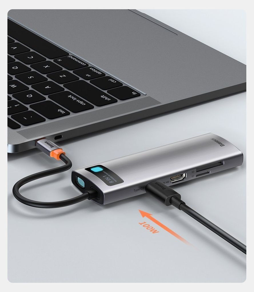 Baseus Metal Gleam 8-i-1 USB-C HUB – 100W PD, HDMI 4K, SD/minnekortleser, Ethernet, grå