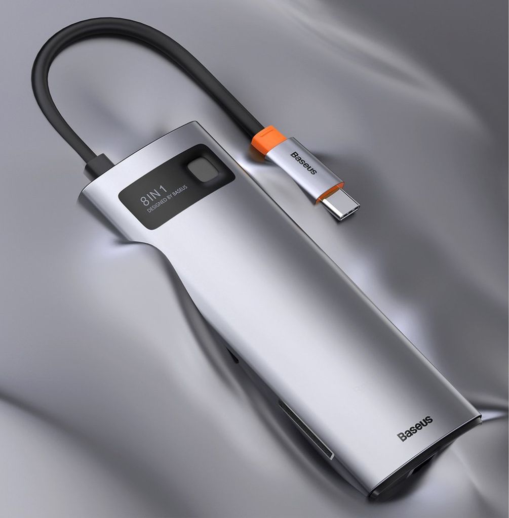 Baseus Metal Gleam 8-i-1 USB-C HUB – 100W PD, HDMI 4K, SD/minnekortleser, Ethernet, grå
