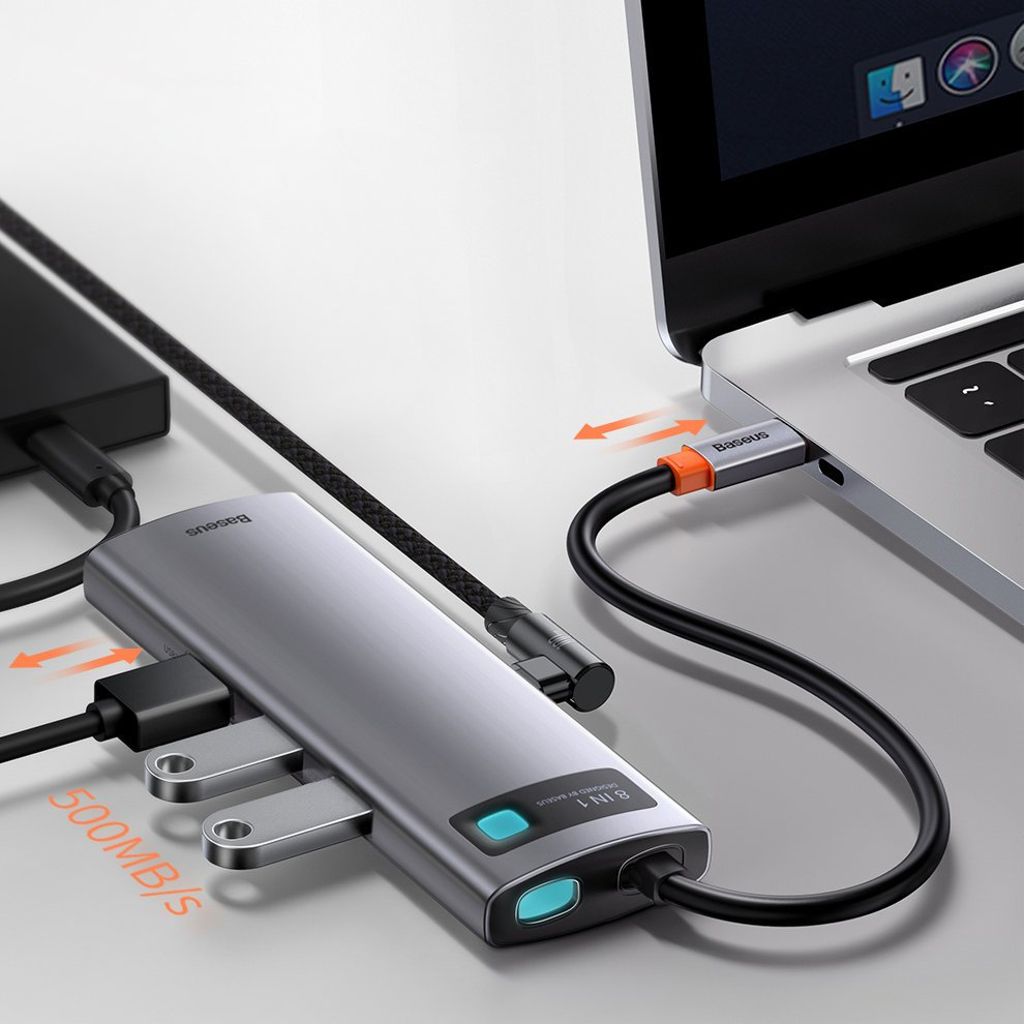 Baseus Metal Gleam 8-i-1 USB-C HUB – 100W PD, HDMI 4K, SD/minnekortleser, Ethernet, grå