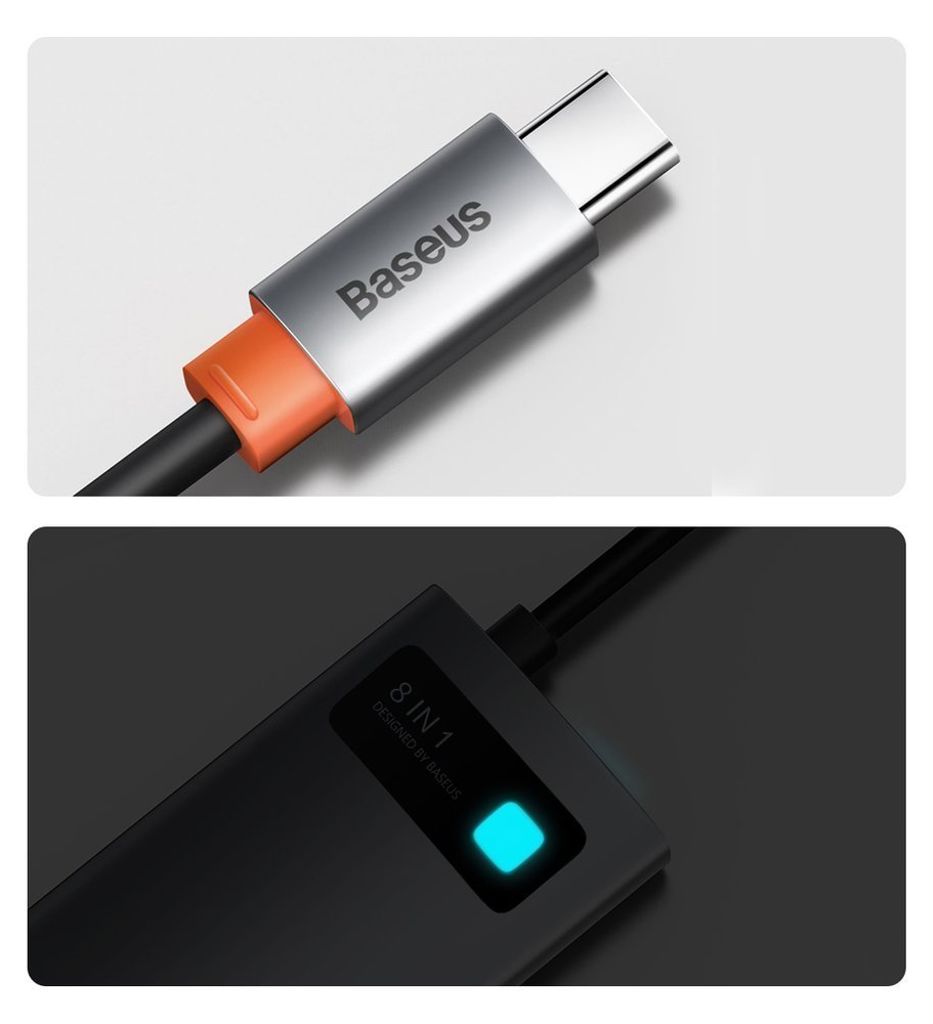 Baseus Metal Gleam 8-i-1 USB-C HUB – 100W PD, HDMI 4K, SD/minnekortleser, Ethernet, grå