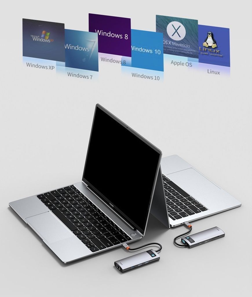 Baseus Metal Gleam 8-i-1 USB-C HUB – 100W PD, HDMI 4K, SD/minnekortleser, Ethernet, grå
