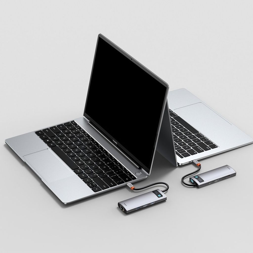 Baseus Metal Gleam 8-i-1 USB-C HUB – 100W PD, HDMI 4K, SD/minnekortleser, Ethernet, grå