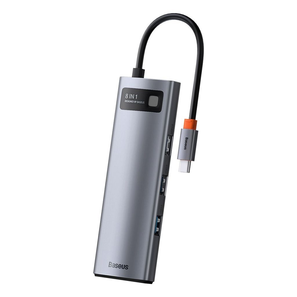 Baseus Metal Gleam 8-i-1 USB-C HUB – 100W PD, HDMI 4K, SD/minnekortleser, Ethernet, grå