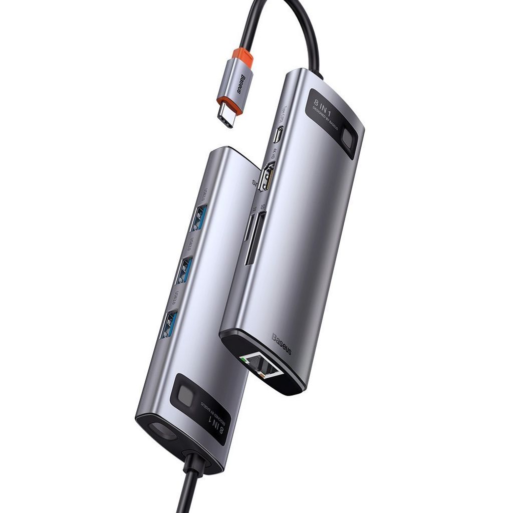 Baseus Metal Gleam 8-i-1 USB-C HUB – 100W PD, HDMI 4K, SD/minnekortleser, Ethernet, grå