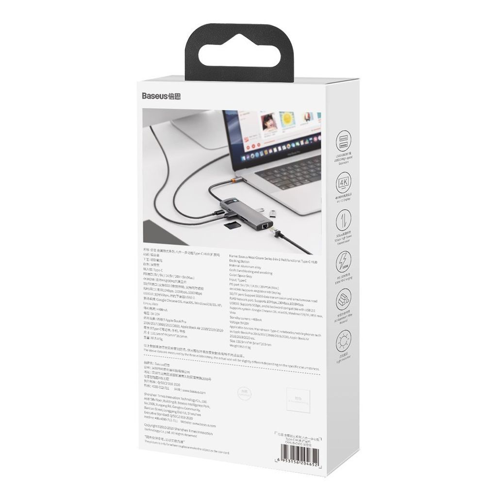 Baseus Metal Gleam 8-i-1 USB-C HUB – 100W PD, HDMI 4K, SD/minnekortleser, Ethernet, grå