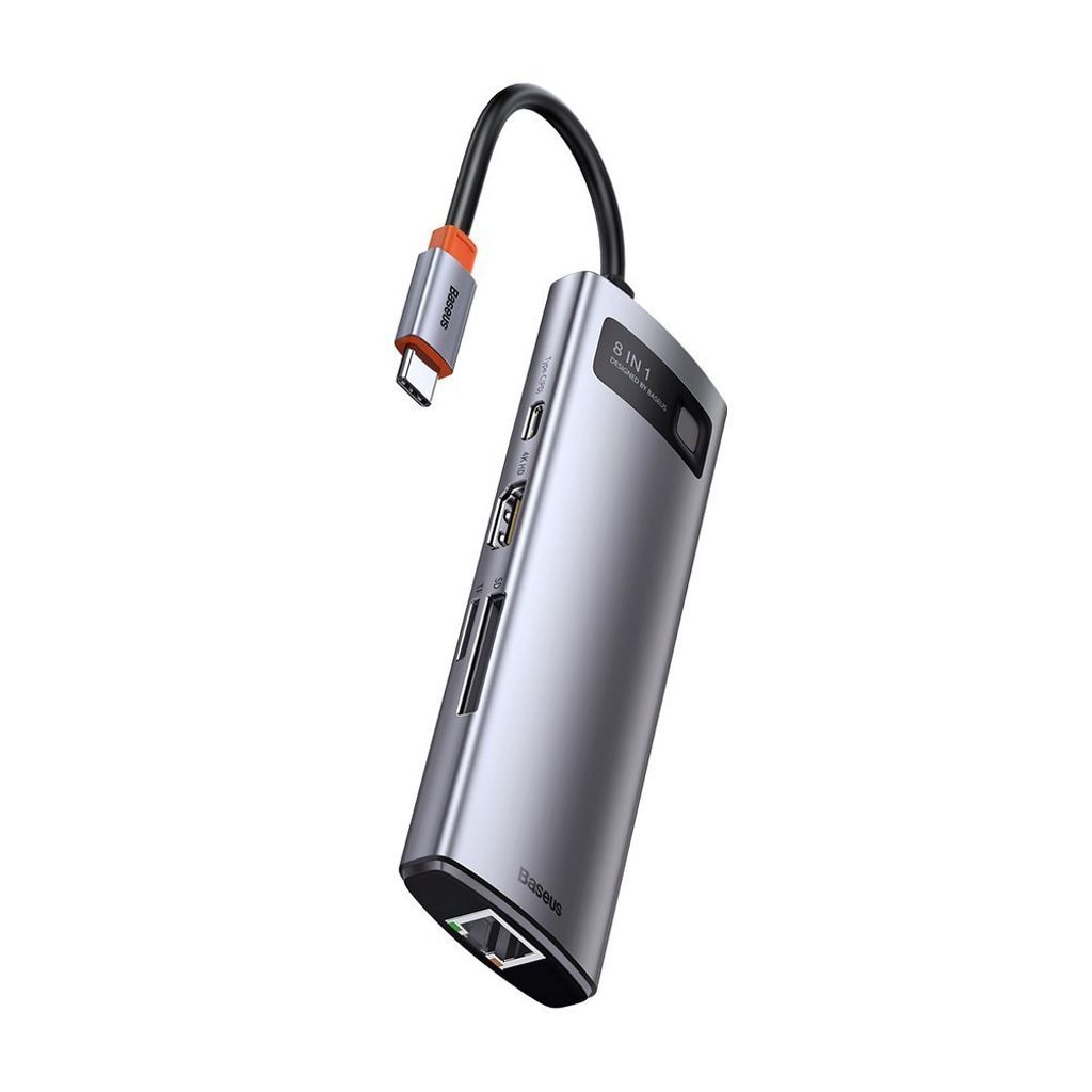 Baseus Metal Gleam 8-i-1 USB-C HUB – 100W PD, HDMI 4K, SD/minnekortleser, Ethernet, grå