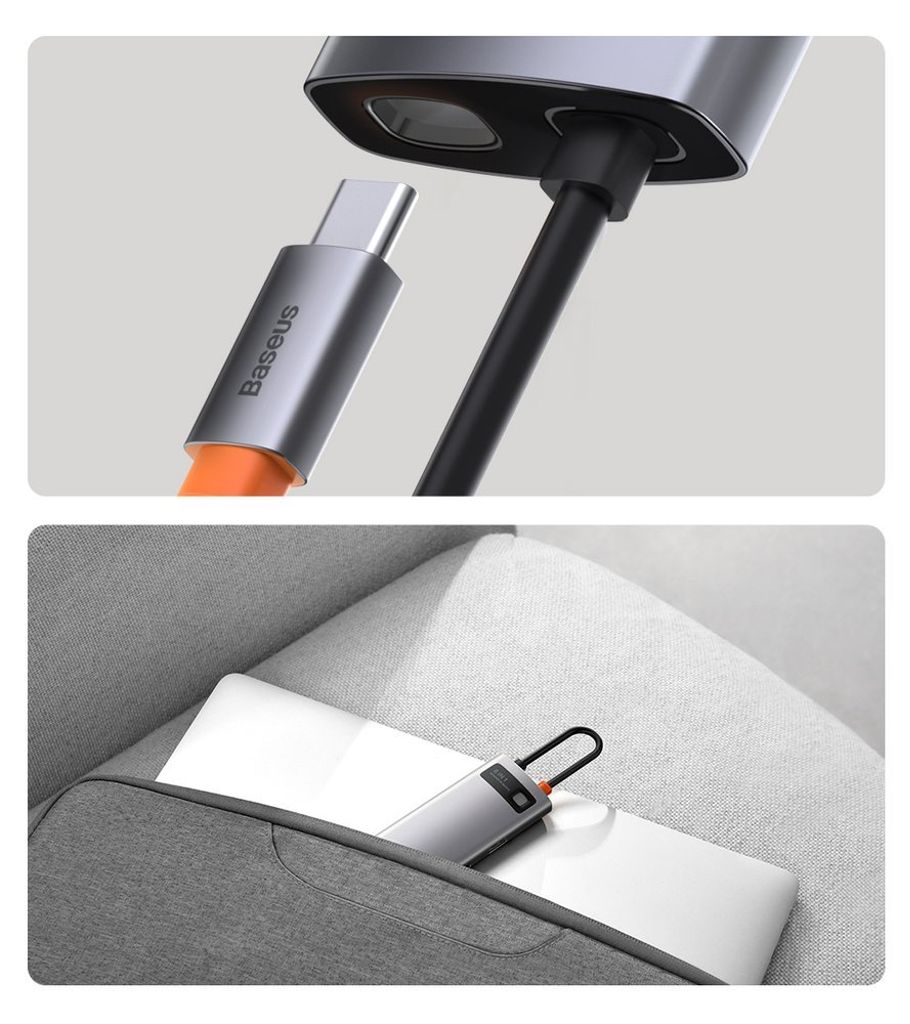 Baseus Metal Gleam 8-i-1 USB-C HUB – 100W PD, HDMI 4K, SD/minnekortleser, Ethernet, grå
