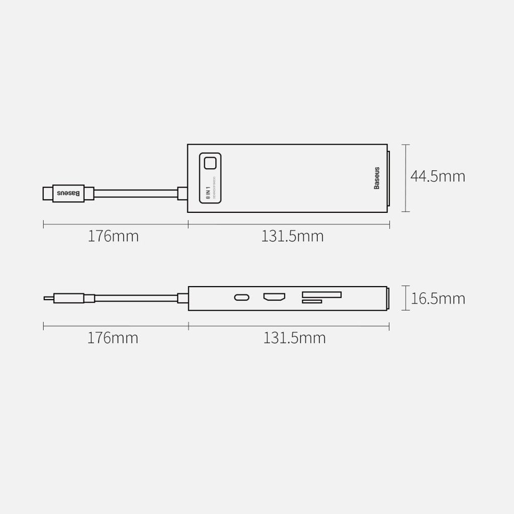 Baseus Metal Gleam 8-i-1 USB-C HUB – 100W PD, HDMI 4K, SD/minnekortleser, Ethernet, grå