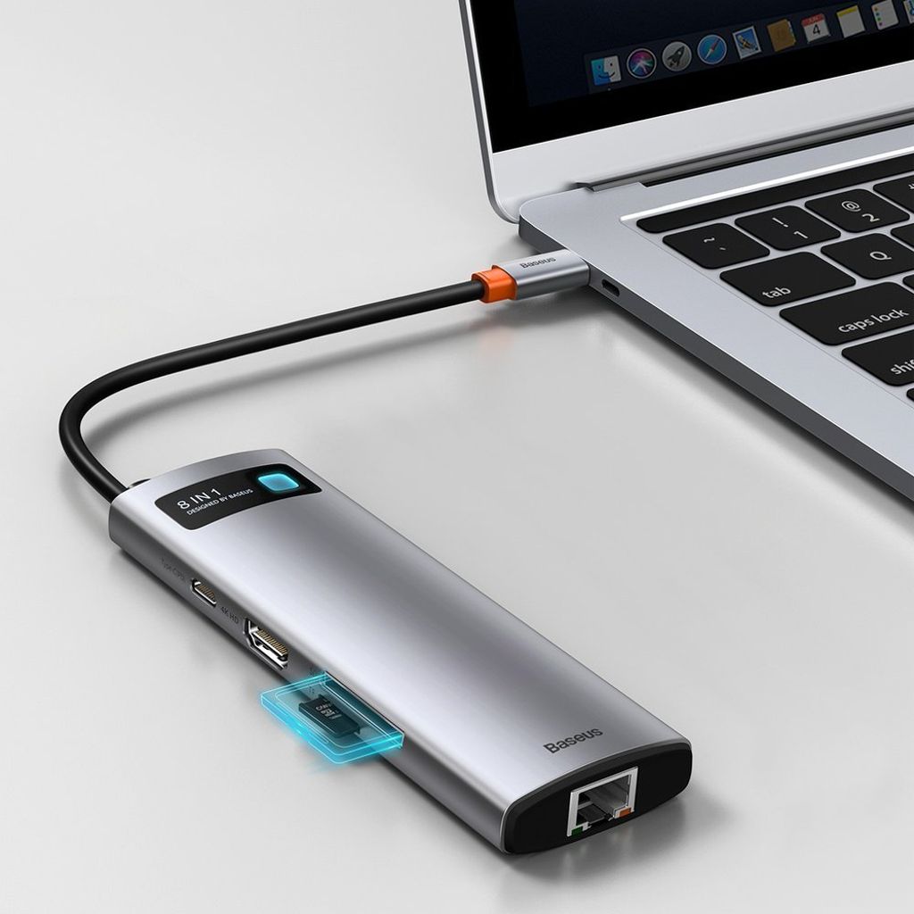 Baseus Metal Gleam 8-i-1 USB-C HUB – 100W PD, HDMI 4K, SD/minnekortleser, Ethernet, grå