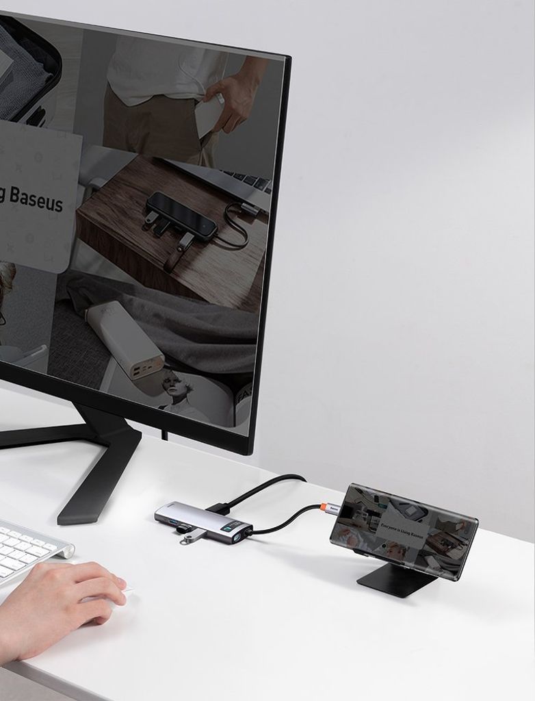 Baseus Metal Gleam 8-i-1 USB-C HUB – 100W PD, HDMI 4K, SD/minnekortleser, Ethernet, grå