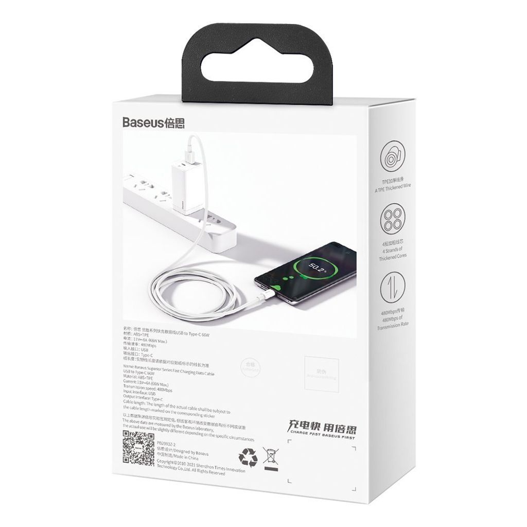 Baseus Superior USB-kaapeli 1 m, USB Type C, 66 W, valkoinen