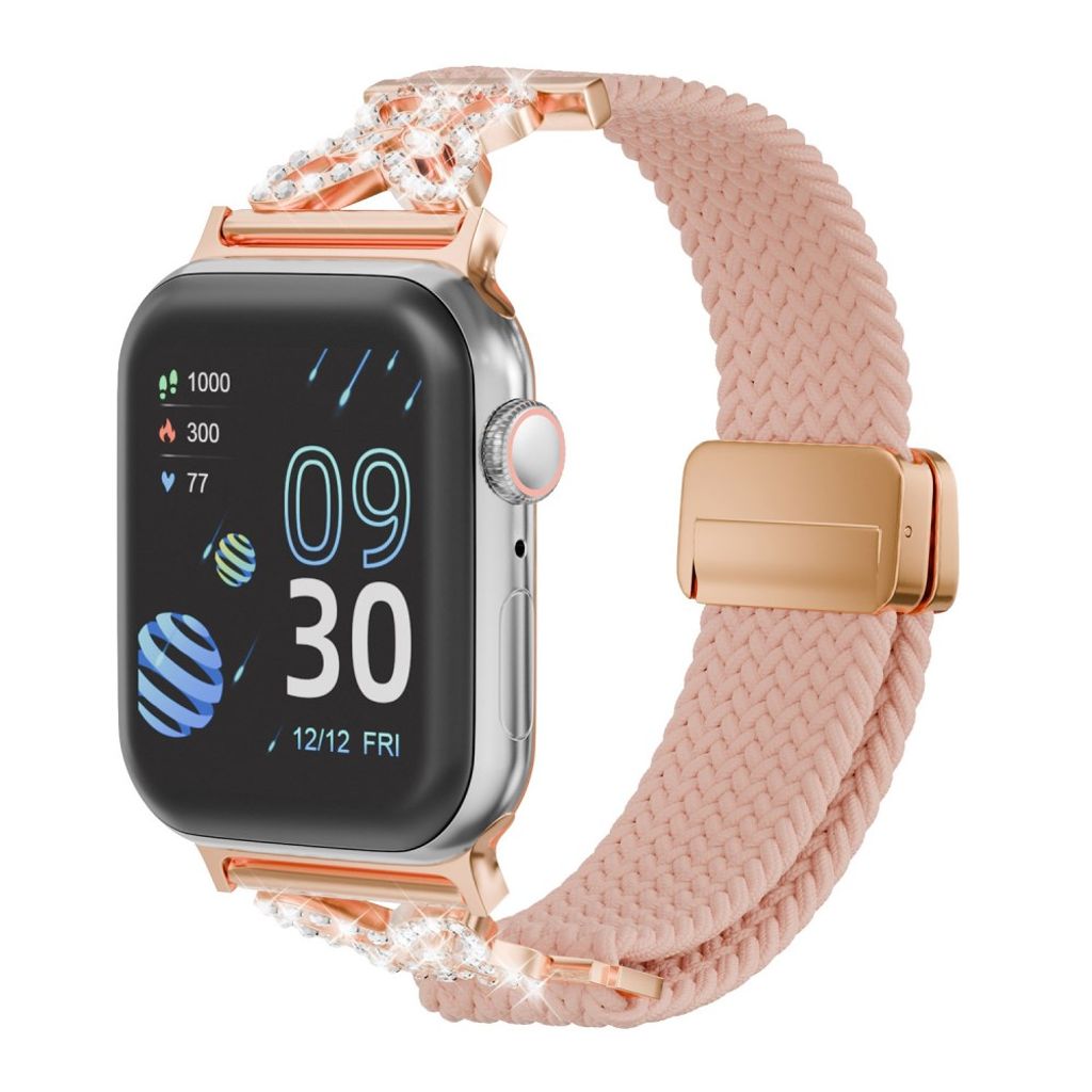 Apple Watch 49/46/44/42mm Flätat Klockarmband i Nylon med Strass - Rosa