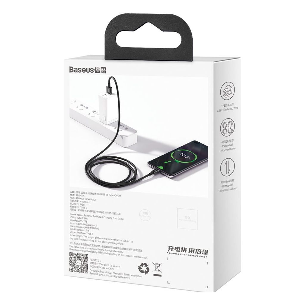 Baseus Superior USB til USB-C kabel 66 W 1 m sort – hurtigoplader & data