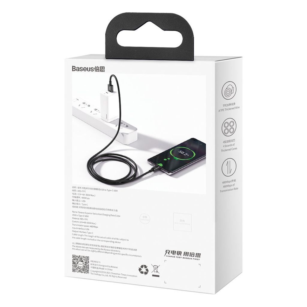 Baseus Superior USB-kabel USB-C 66 W SuperCharge 2 m svart
